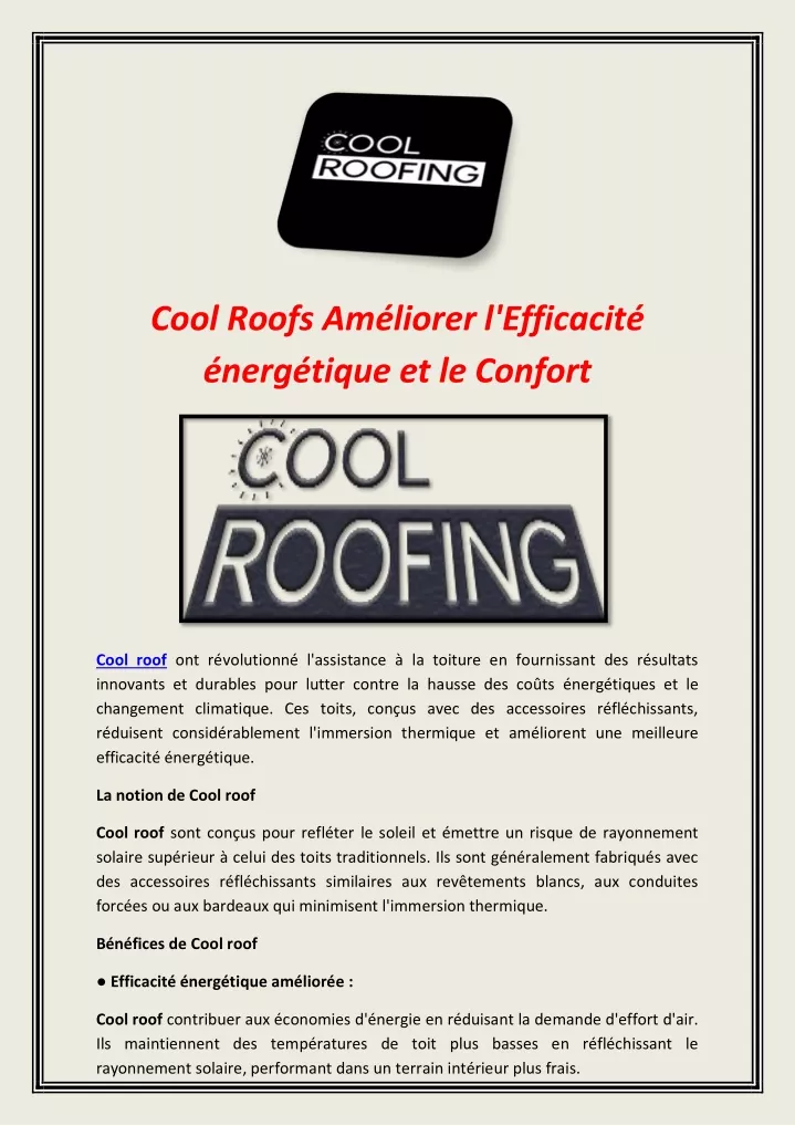 PPT Cool Roofs Améliorer l Efficacité énergétique et le Confort