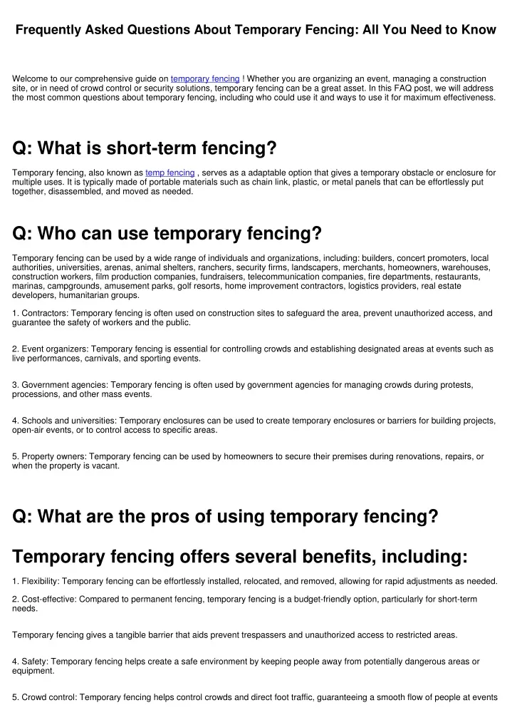 Ppt Frequently Asked Questions About Temporary Fencing All You Need