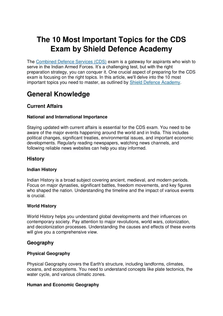 PPT Important Topics For The CDS Exam By Shield Defence Academy