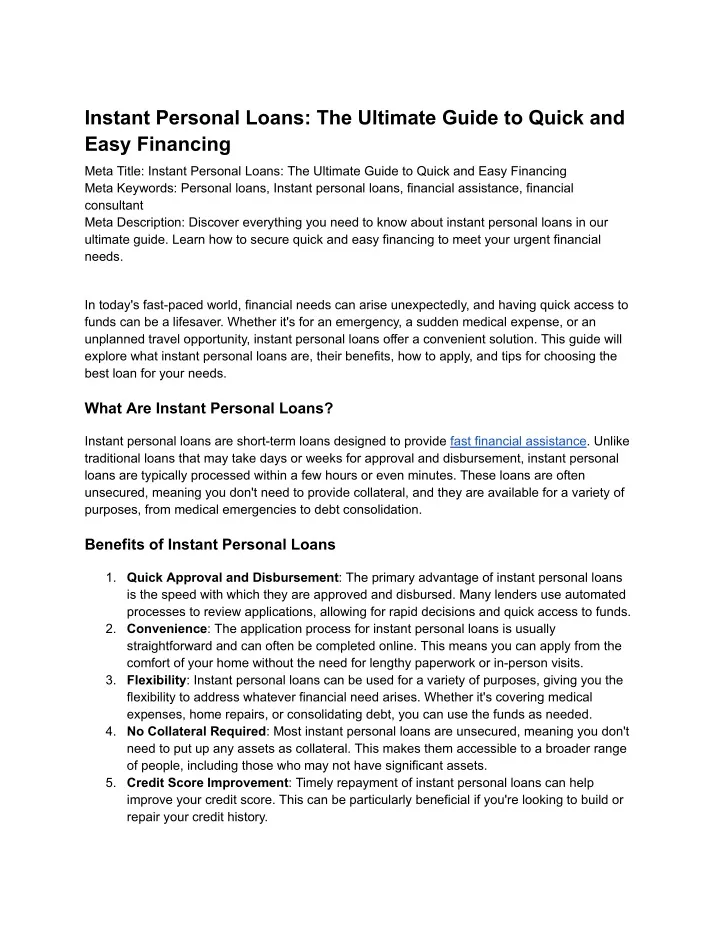 Ppt Instant Personal Loans The Ultimate Guide To Quick And Easy