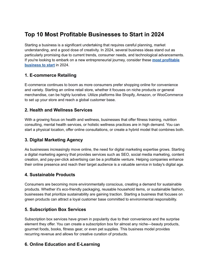 PPT Top 10 Most Profitable Businesses To Start In 2024 PowerPoint