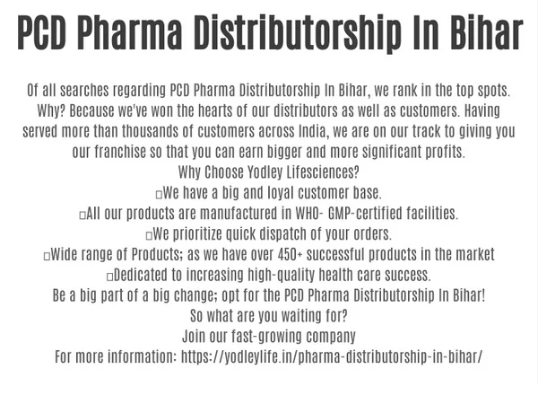 PCD Pharma Distributorship In Bihar