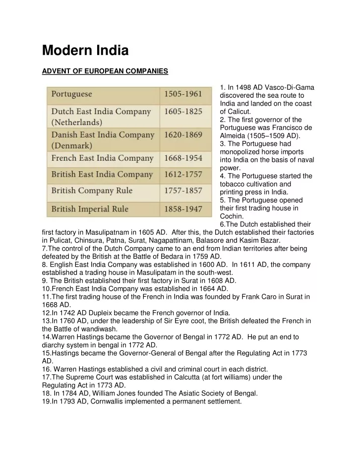 modern india advent of european companies