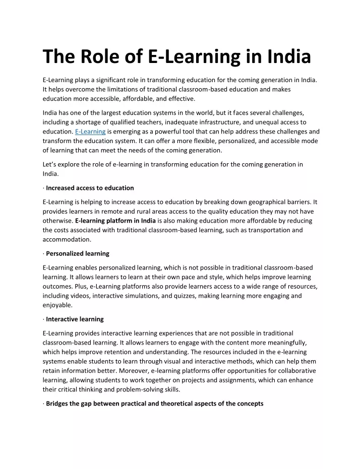 the role of e learning in india