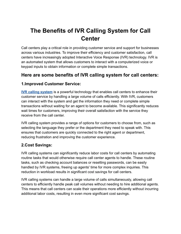 the benefits of ivr calling system for call center