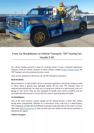 From Car Breakdowns to Vehicle Transport TNT Towing Can Handle It All