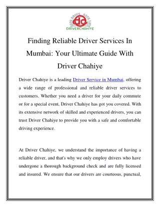 Driver Service in Mumbai Call-9833238540