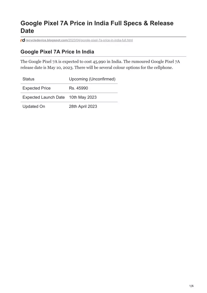 google pixel 7a price in india full specs release