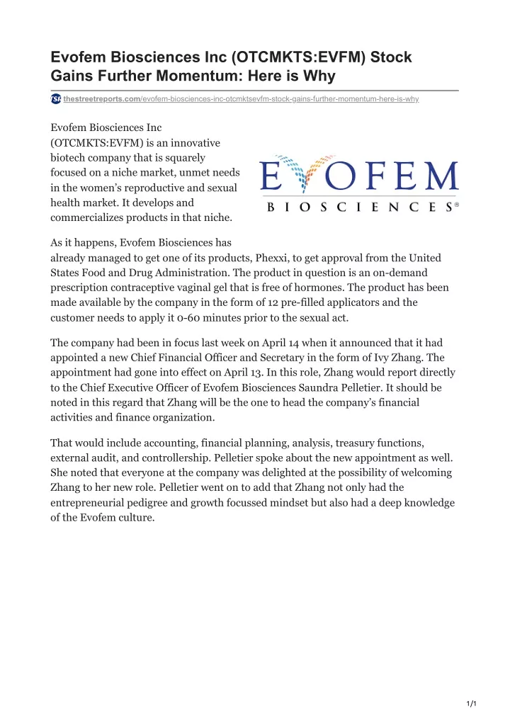 evofem biosciences inc otcmkts evfm stock gains