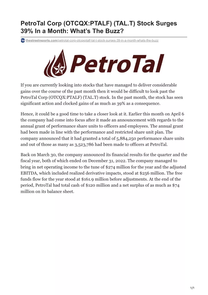 petrotal corp otcqx ptalf tal t stock surges