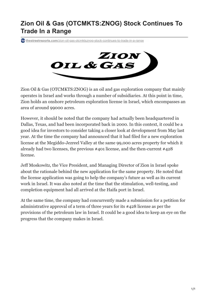 zion oil gas otcmkts znog stock continues