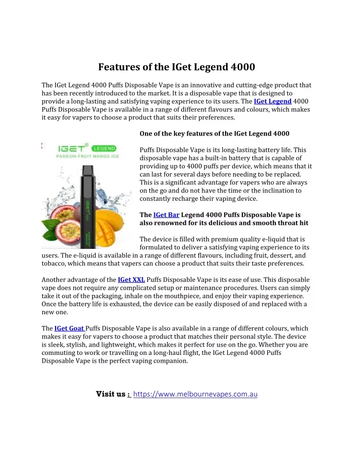 features of the iget legend 4000