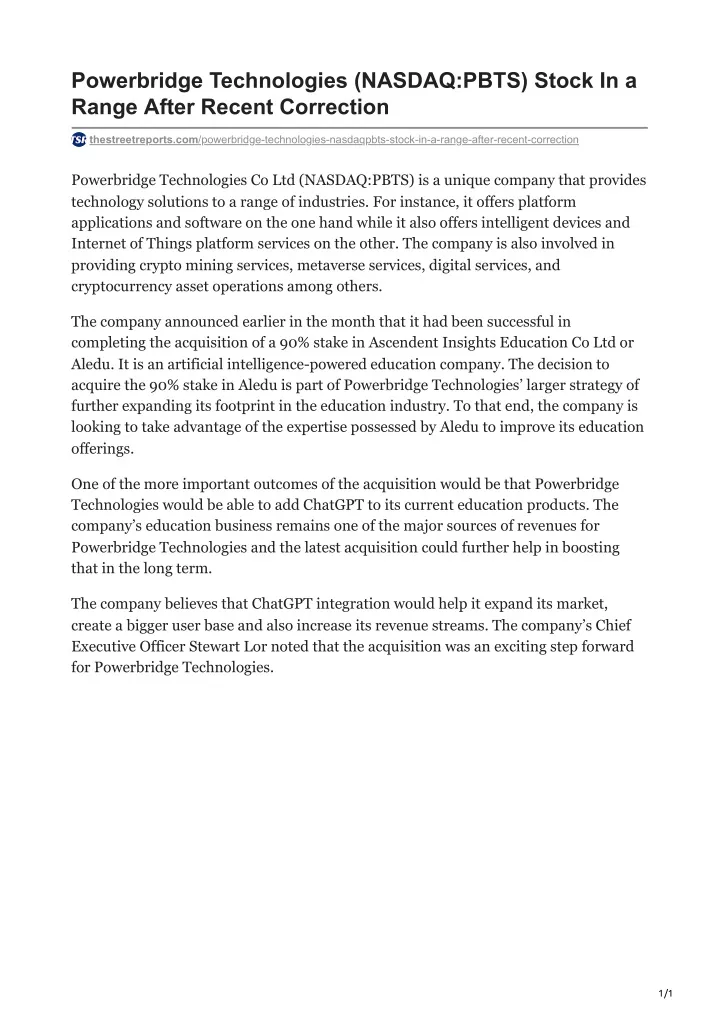 powerbridge technologies nasdaq pbts stock