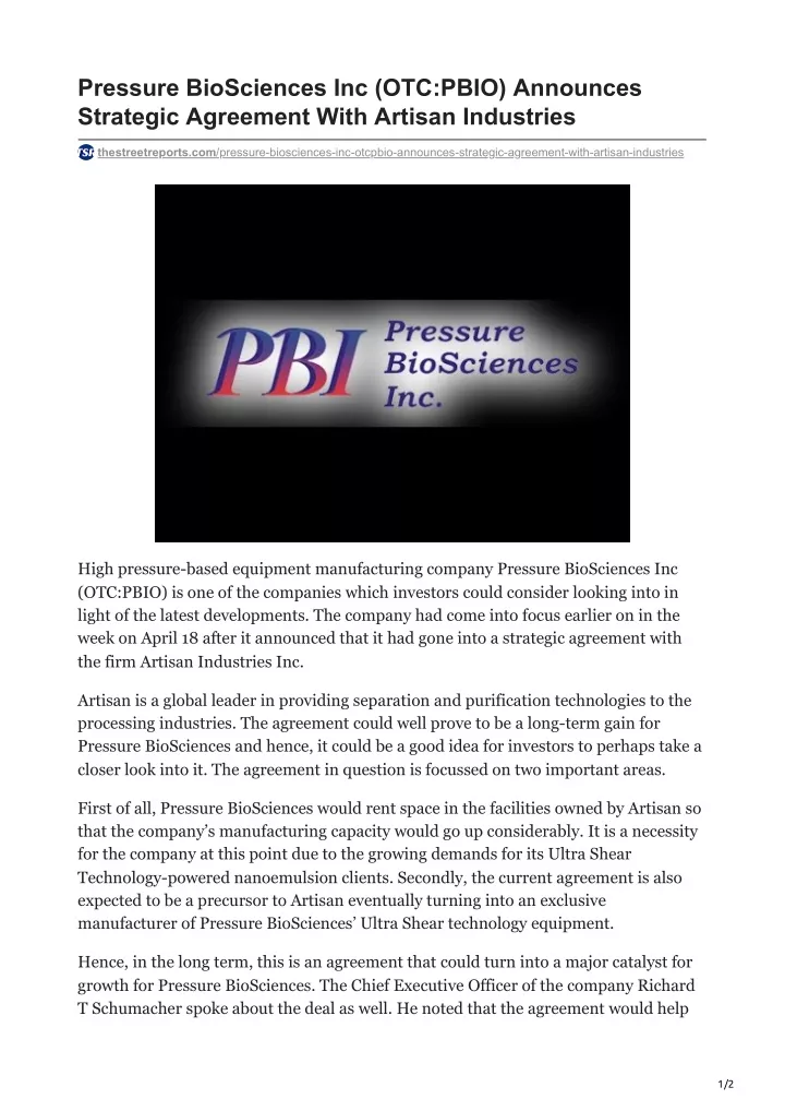 pressure biosciences inc otc pbio announces