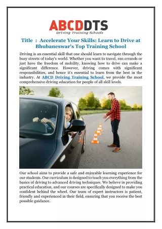Accelerate Your Skills: Learn to Drive at Bhubaneswar's Top Training School