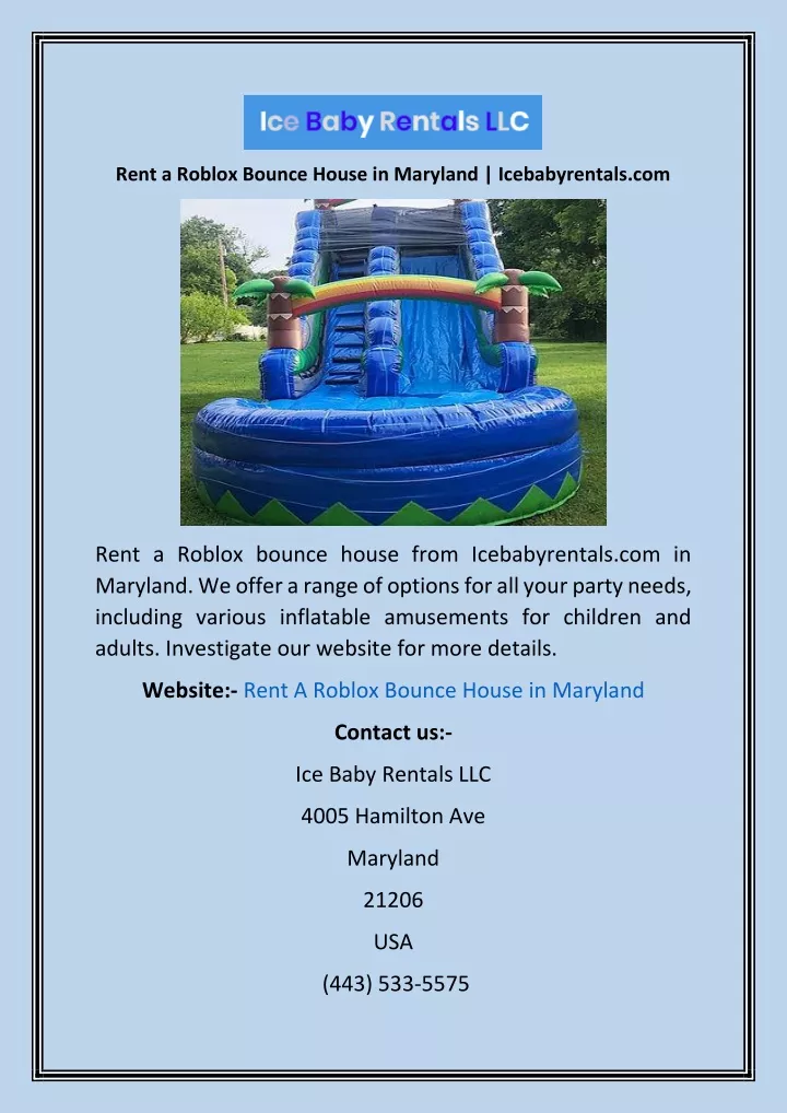 rent a roblox bounce house in maryland