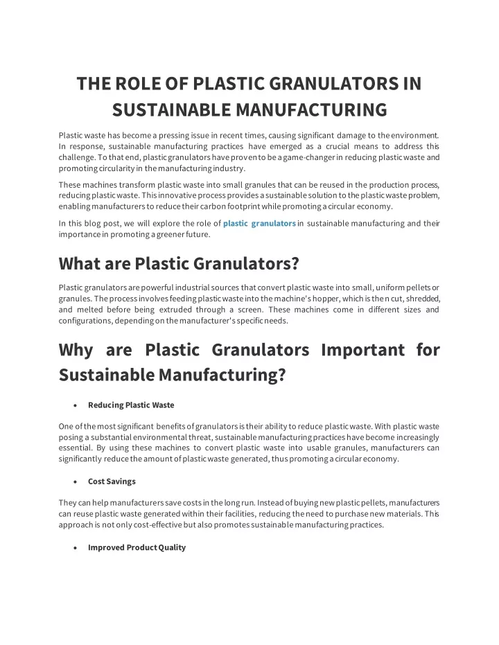 the role of plastic granulators in sustainable