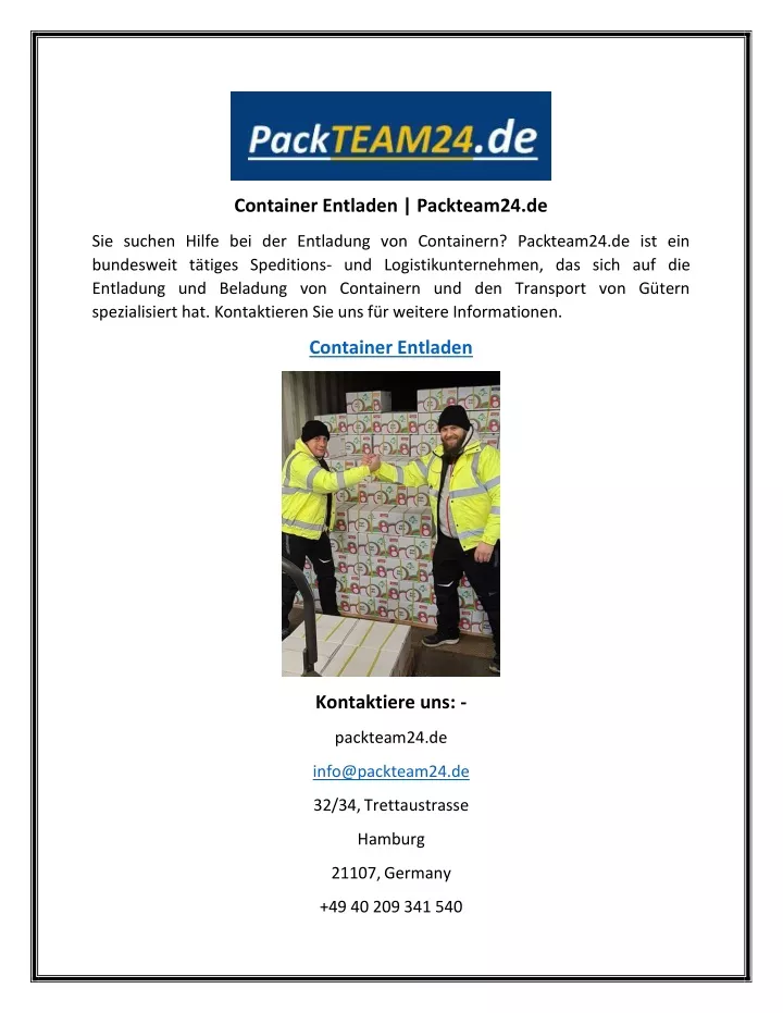 container entladen packteam24 de