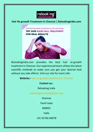 Hair Re-growth Treatment In Chennai  Relookingindia
