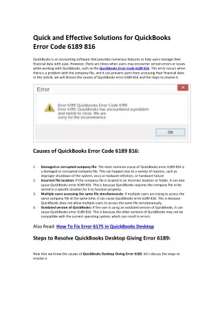Quick and Effective Solutions for QuickBooks Error Code 6189 816