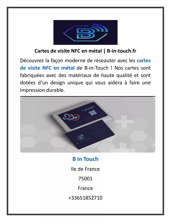 cartes de visite nfc en m tal b in touch fr