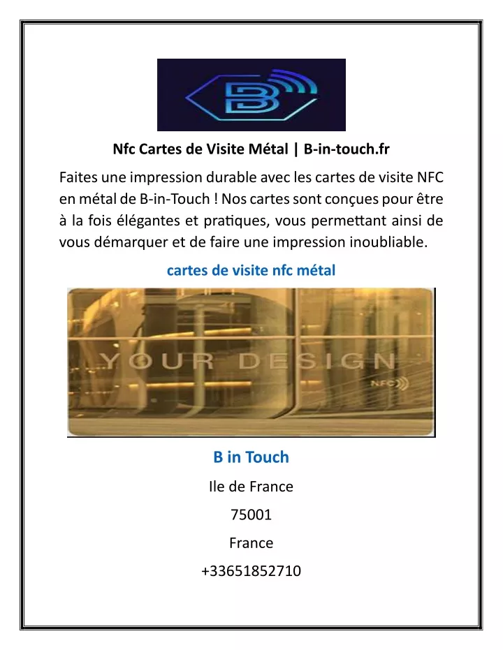 nfc cartes de visite m tal b in touch fr