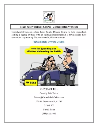 Texas Safety Drivers Course  Comedysafedriver.com
