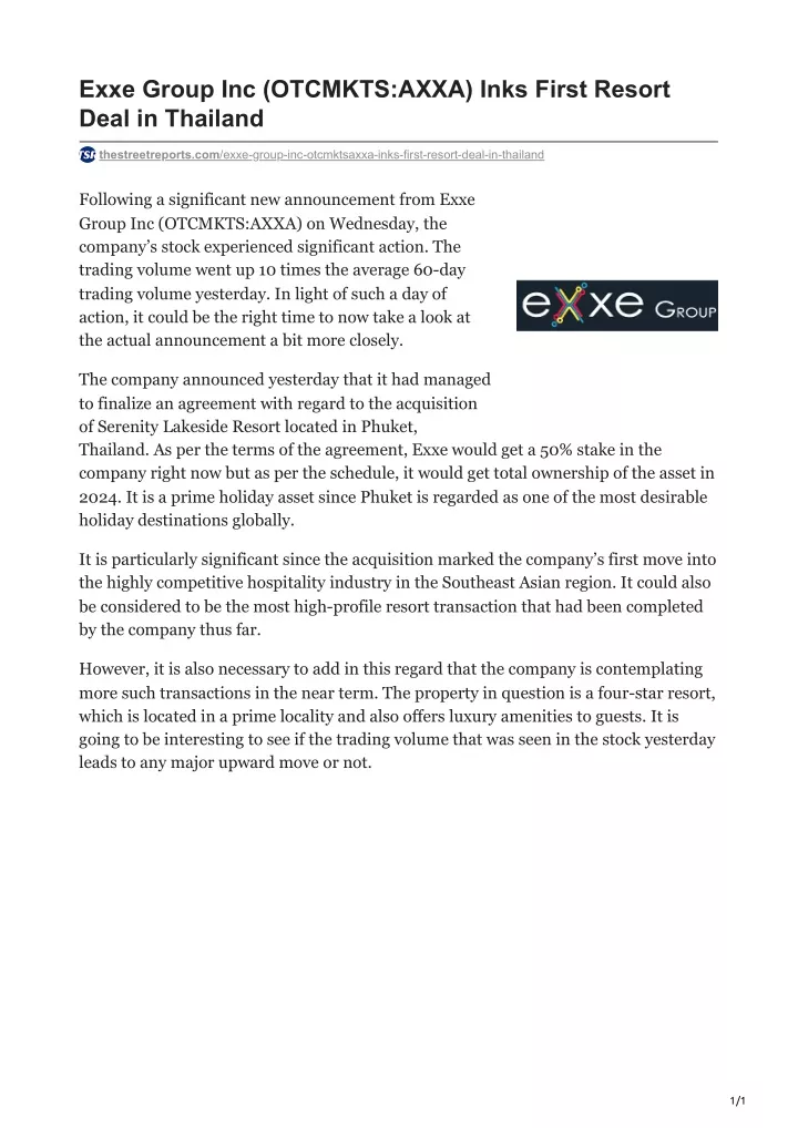 exxe group inc otcmkts axxa inks first resort