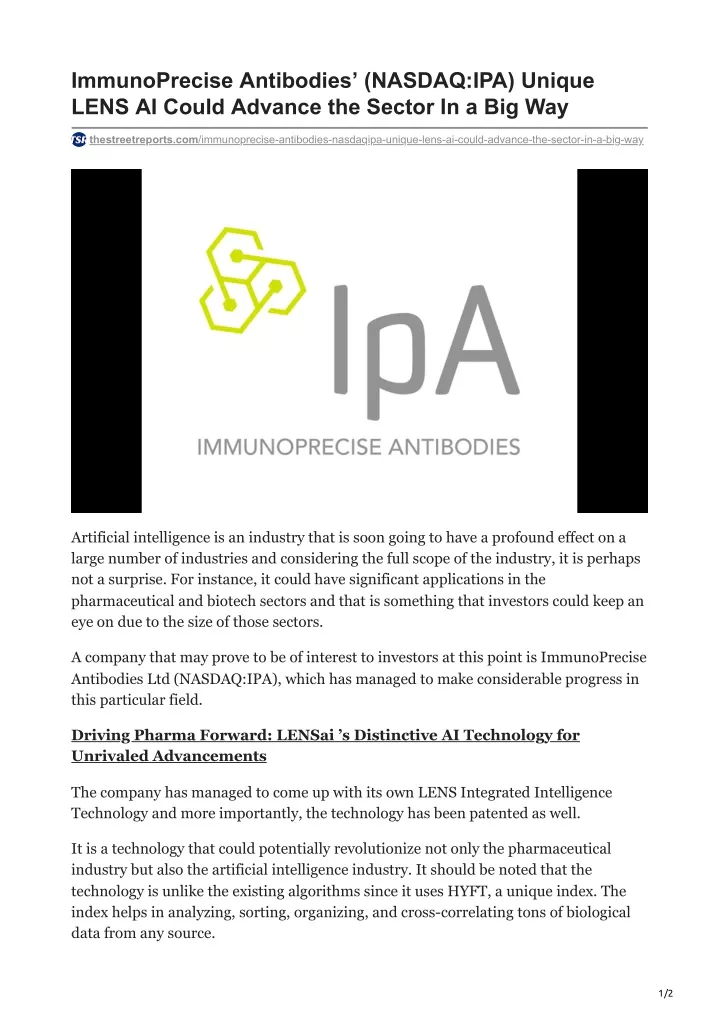 immunoprecise antibodies nasdaq ipa unique lens