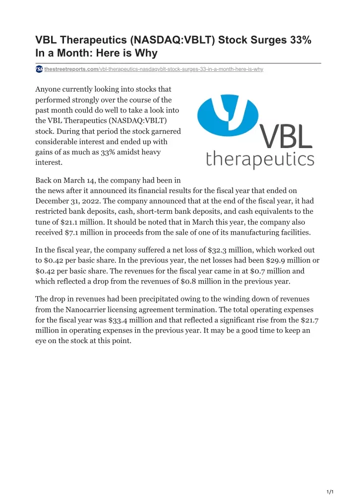 vbl therapeutics nasdaq vblt stock surges