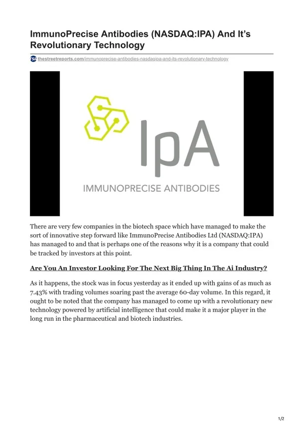 ImmunoPrecise Antibodies (NASDAQ-IPA) And It’s Revolutionary Technology