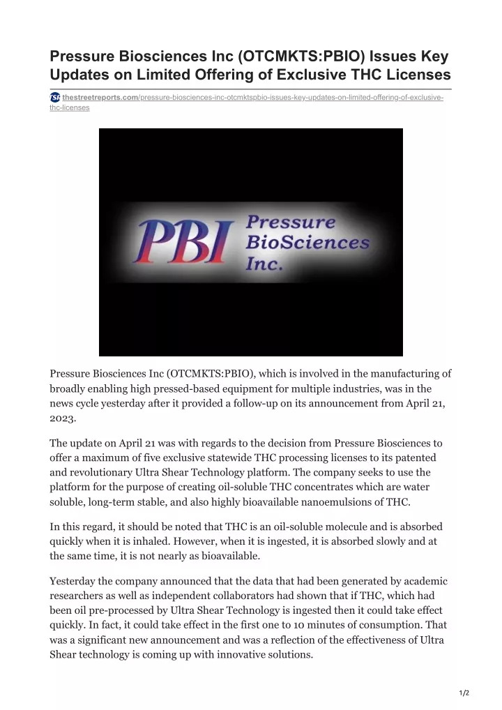 pressure biosciences inc otcmkts pbio issues