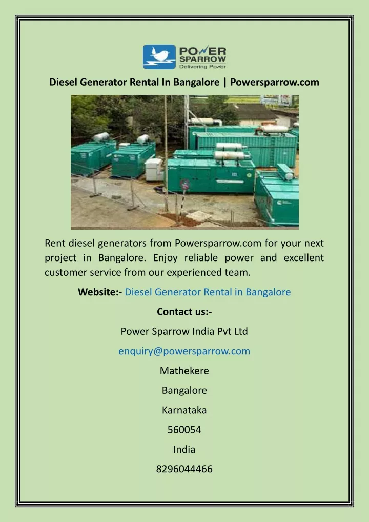 diesel generator rental in bangalore powersparrow
