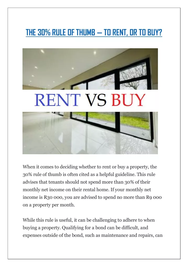 the 30 rule of thumb to rent or to buy