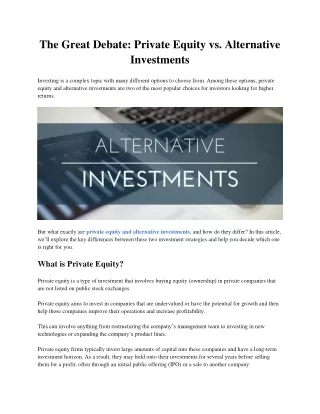 The Great Debate: Private Equity vs. Alternative Investments