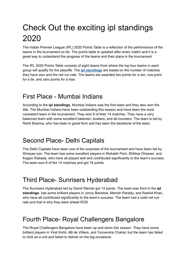 check out the exciting ipl standings 2020