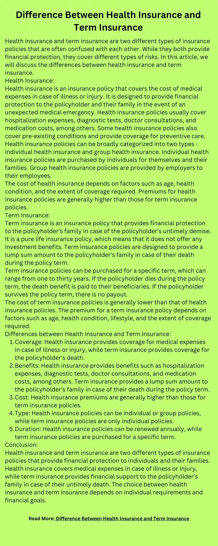 difference between health insurance and term