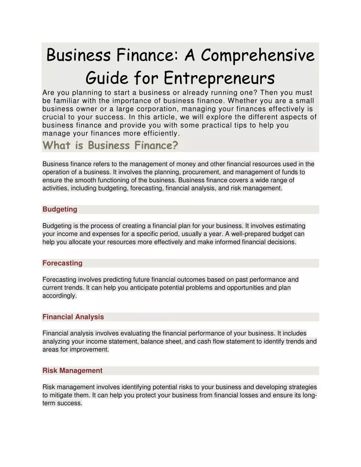 business finance a comprehensive guide