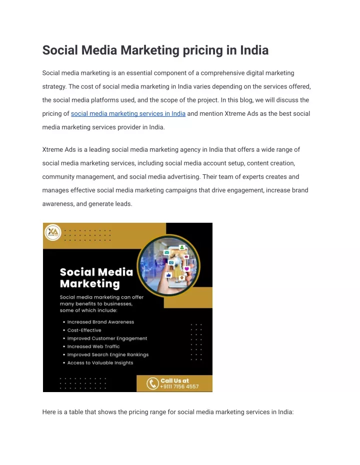 social media marketing pricing in india