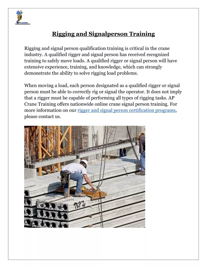 rigging and signalperson training rigging