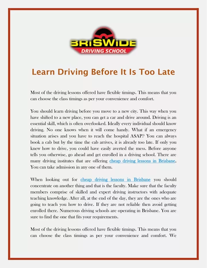 learn driving before it is too late