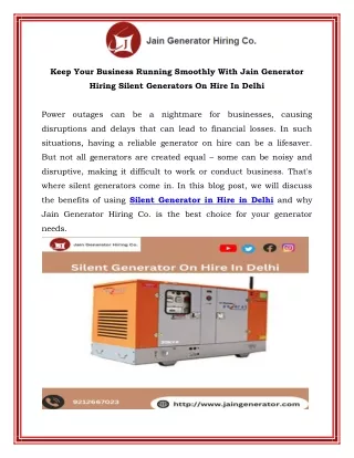 Keep Your Business Running Smoothly With Jain Generator Hiring Silent Generators On Hire In Delhi