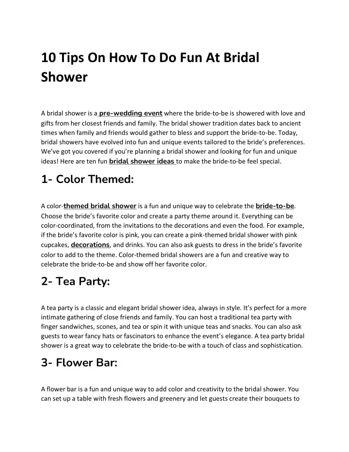 10 tips on how to do fun at bridal shower