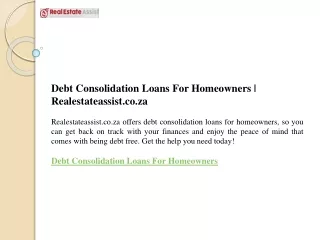 Debt Consolidation Loans For Homeowners  Realestateassist.co.za