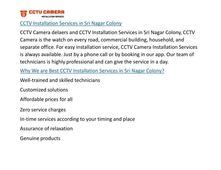 cctv installation services in sri nagar colony