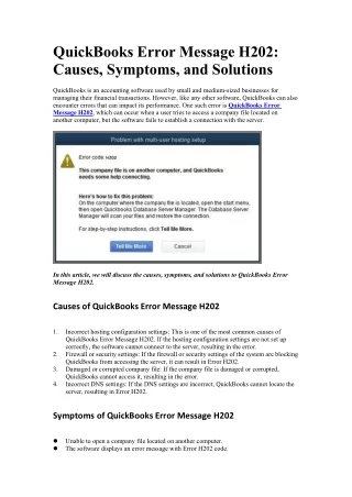 QuickBooks Error Message H202 Causes, Symptoms, and Solutions