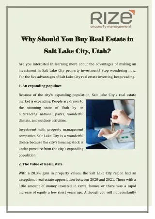 Why Should You Buy Real Estate in Salt Lake City, Utah