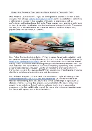 Unlock the Power of Data with our Data Analytics Course in Delhi