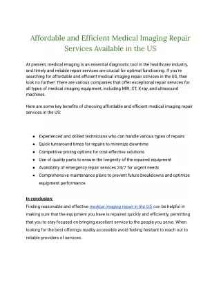 Affordable and Efficient Medical Imaging Repair Services Available in the US