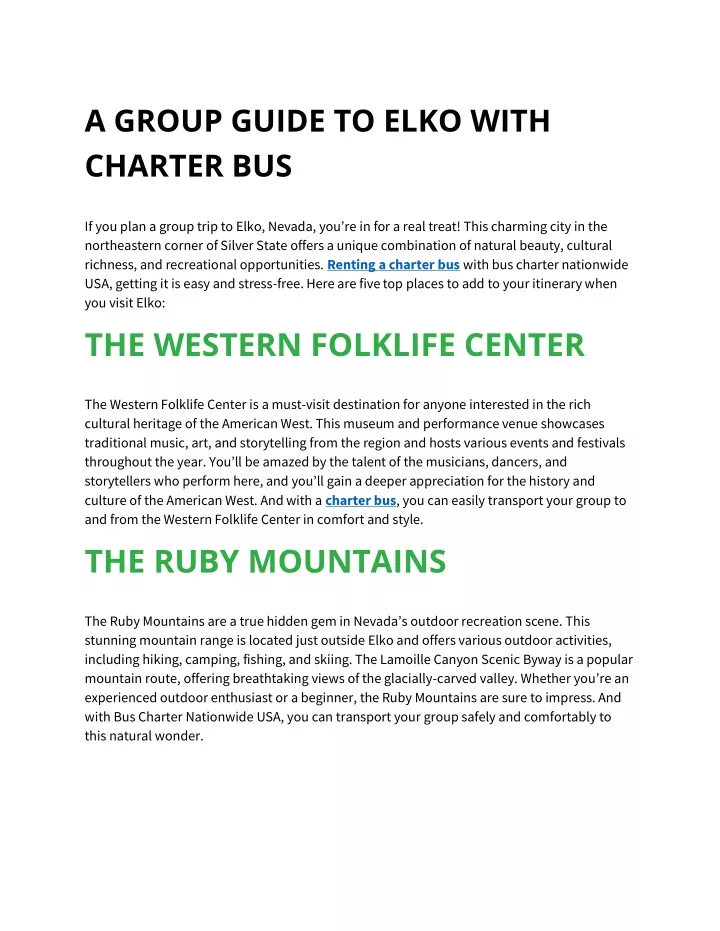 a group guide to elko with charter bus